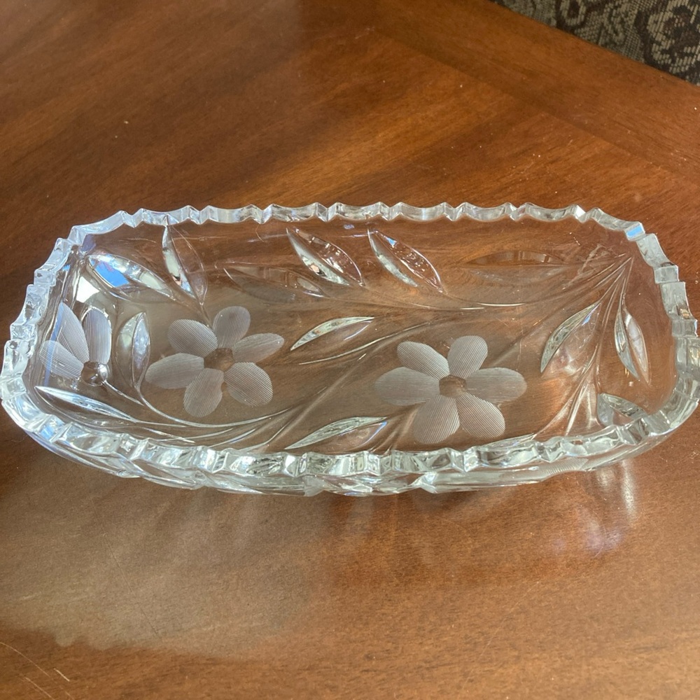 Tiffin-Franciscan crystal etched floral butter dish - 7.5”